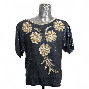 Vintage 1980s Whimsigoth Silk Sequin Top Small Boxy Short Sleeve Glam Party